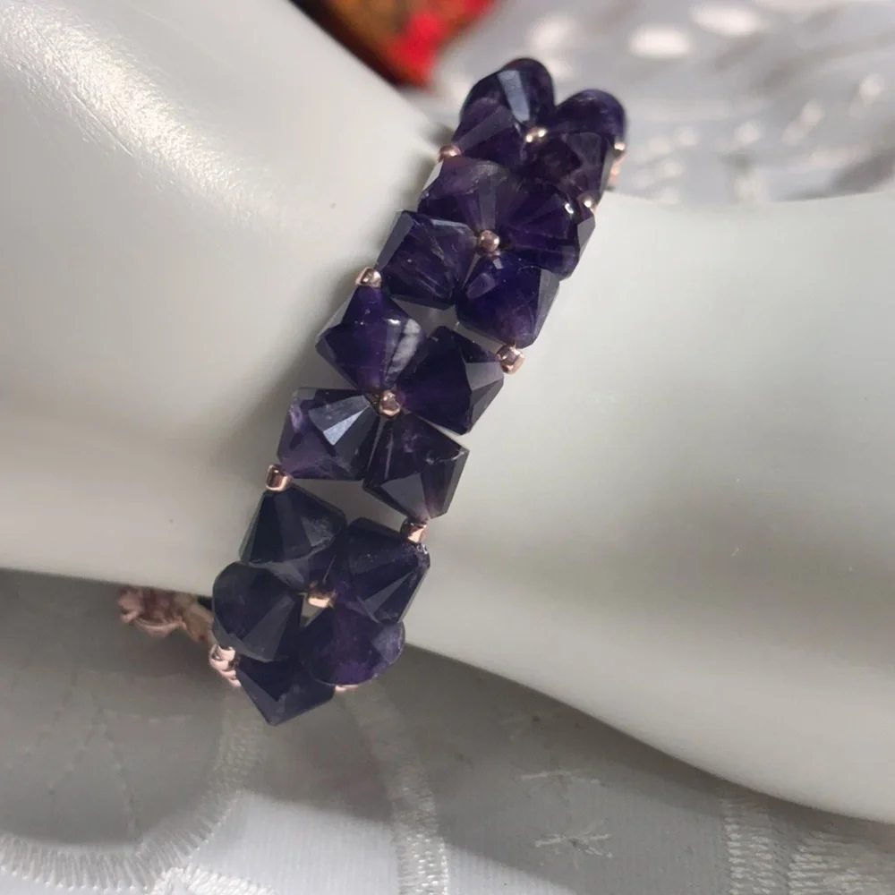 Handmade Amethyst Gemstone Bracelet rose gold tone lobster claw clasp 7.5 inches - Picture 2 of 9